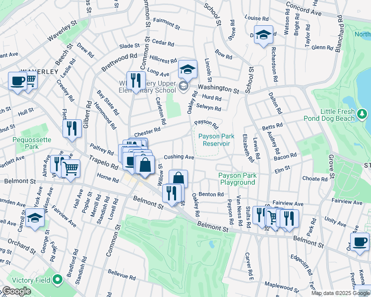 map of restaurants, bars, coffee shops, grocery stores, and more near 137 Pine Street in Belmont