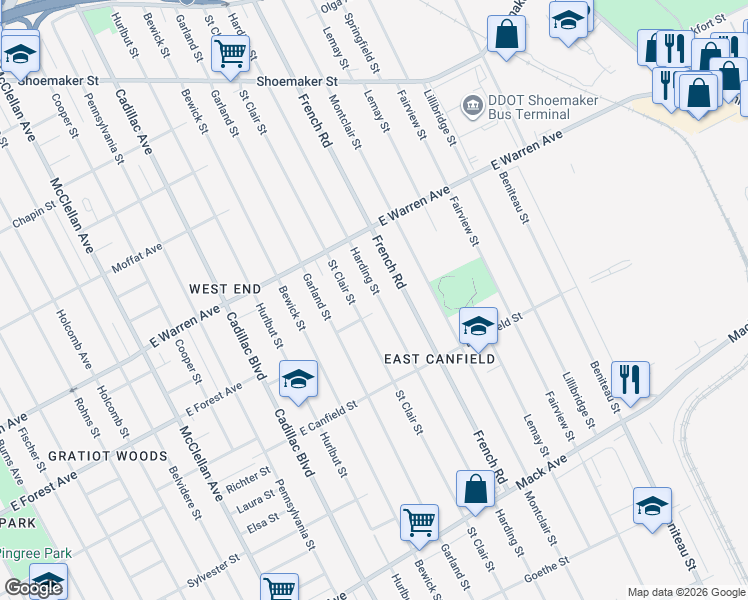 map of restaurants, bars, coffee shops, grocery stores, and more near 4591 Harding Street in Detroit