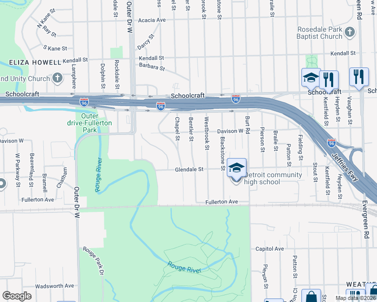map of restaurants, bars, coffee shops, grocery stores, and more near 12881 Bentler Street in Detroit