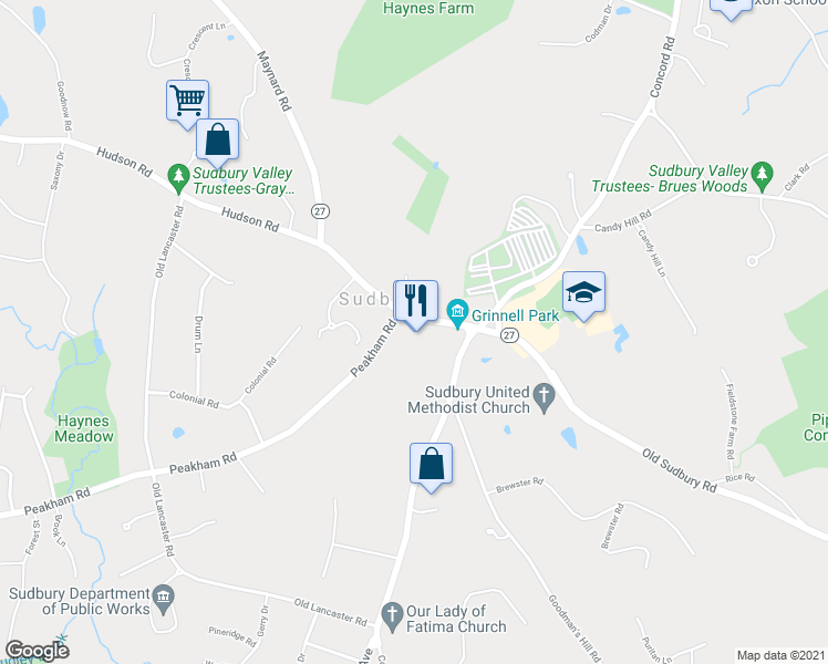 map of restaurants, bars, coffee shops, grocery stores, and more near 29 Hudson Road in Sudbury