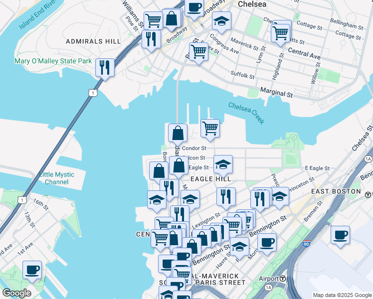 map of restaurants, bars, coffee shops, grocery stores, and more near 47 Condor Street in Boston