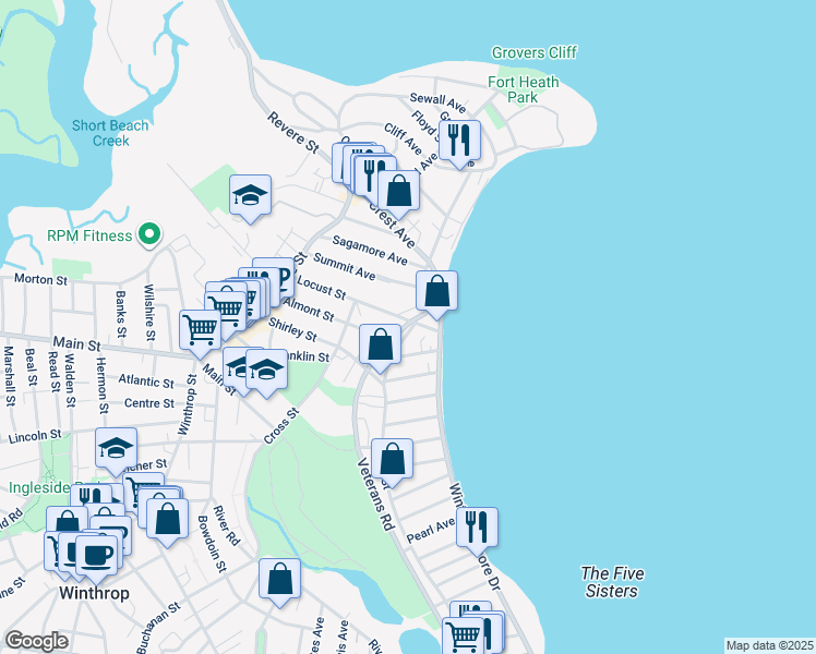 map of restaurants, bars, coffee shops, grocery stores, and more near 145 Locust Street in Winthrop