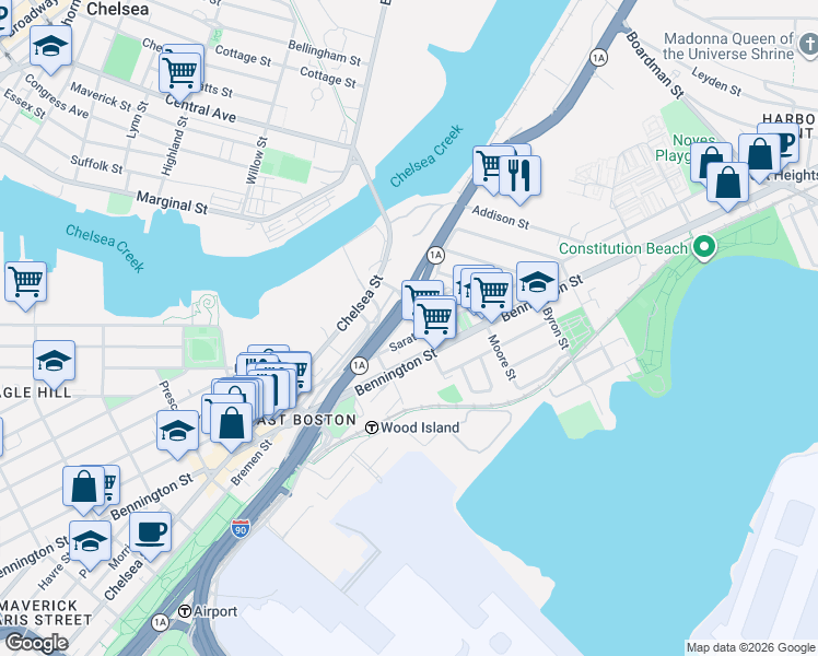 map of restaurants, bars, coffee shops, grocery stores, and more near 632 Saratoga Street in Boston
