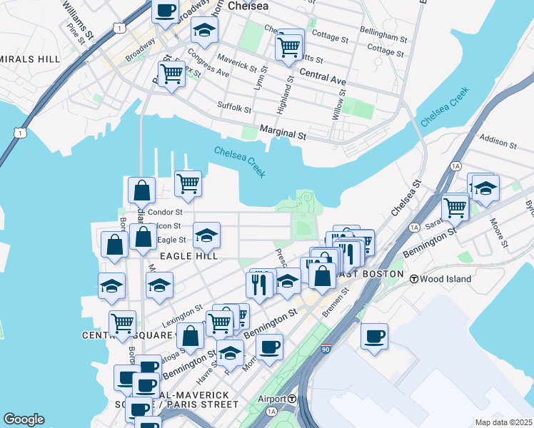 map of restaurants, bars, coffee shops, grocery stores, and more near 255 Condor Street in Boston