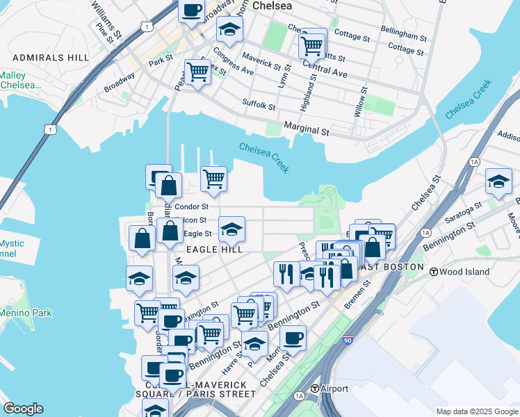 map of restaurants, bars, coffee shops, grocery stores, and more near 167-169 Condor Street in Boston