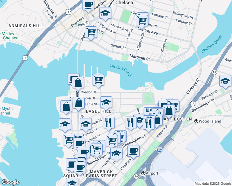 map of restaurants, bars, coffee shops, grocery stores, and more near 163 Condor Street in Boston