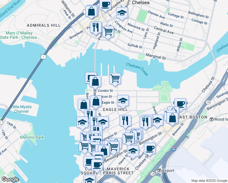 map of restaurants, bars, coffee shops, grocery stores, and more near 87 Condor Street in Boston
