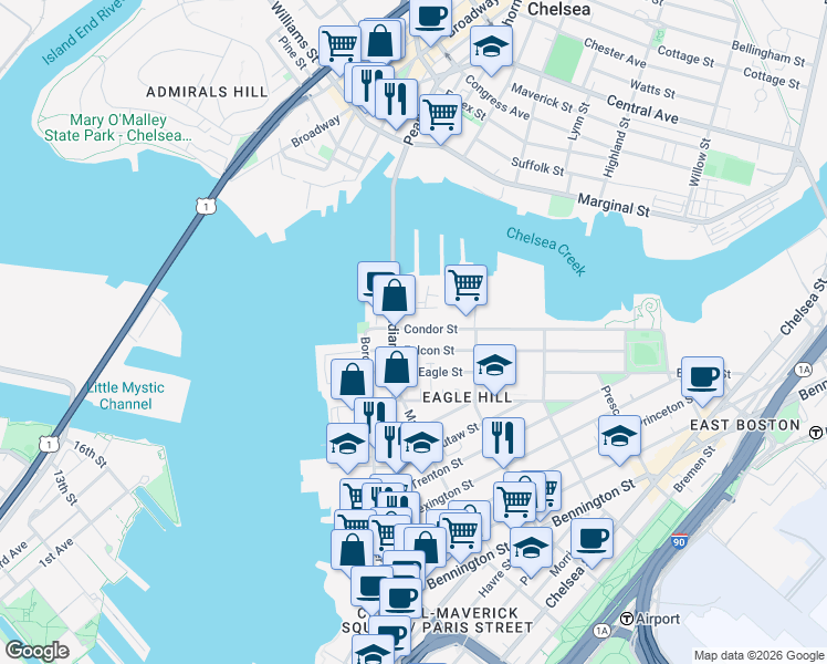 map of restaurants, bars, coffee shops, grocery stores, and more near 47 Condor Street in Boston