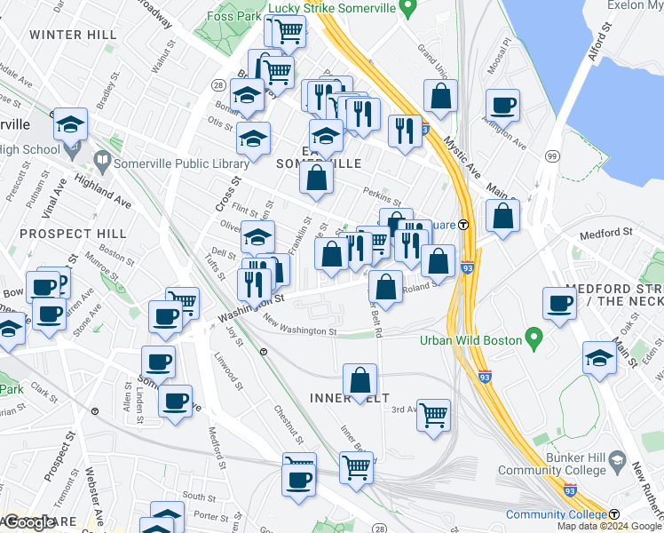 map of restaurants, bars, coffee shops, grocery stores, and more near 16 Florence Street in Somerville