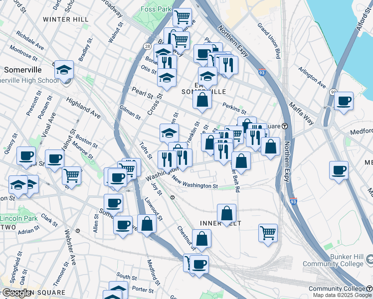 map of restaurants, bars, coffee shops, grocery stores, and more near 26 Franklin Avenue in Somerville