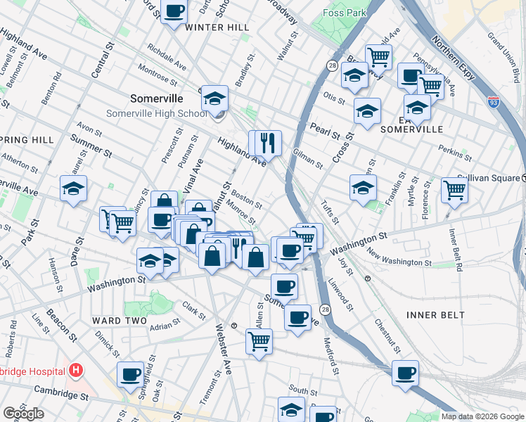 map of restaurants, bars, coffee shops, grocery stores, and more near 53 Boston Street in Somerville