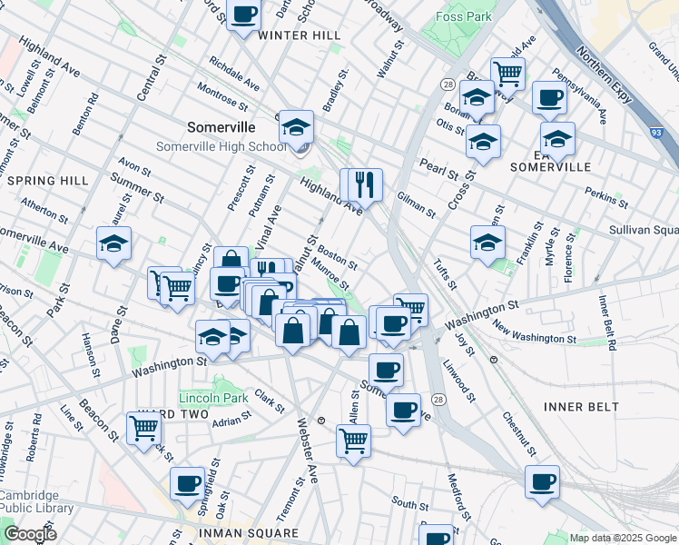 map of restaurants, bars, coffee shops, grocery stores, and more near 75 Munroe Street in Somerville