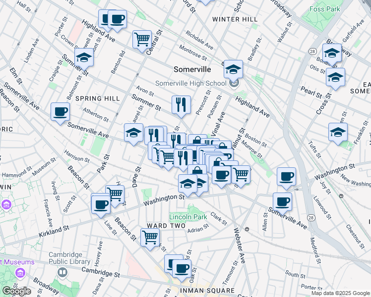 map of restaurants, bars, coffee shops, grocery stores, and more near 56 Church Street in Somerville