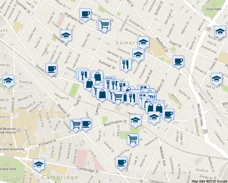 map of restaurants, bars, coffee shops, grocery stores, and more near in Somerville