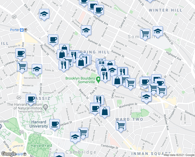map of restaurants, bars, coffee shops, grocery stores, and more near 550 Somerville Avenue in Somerville