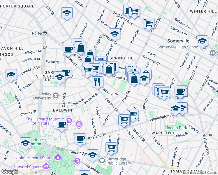 map of restaurants, bars, coffee shops, grocery stores, and more near 8 Garden Court in Somerville