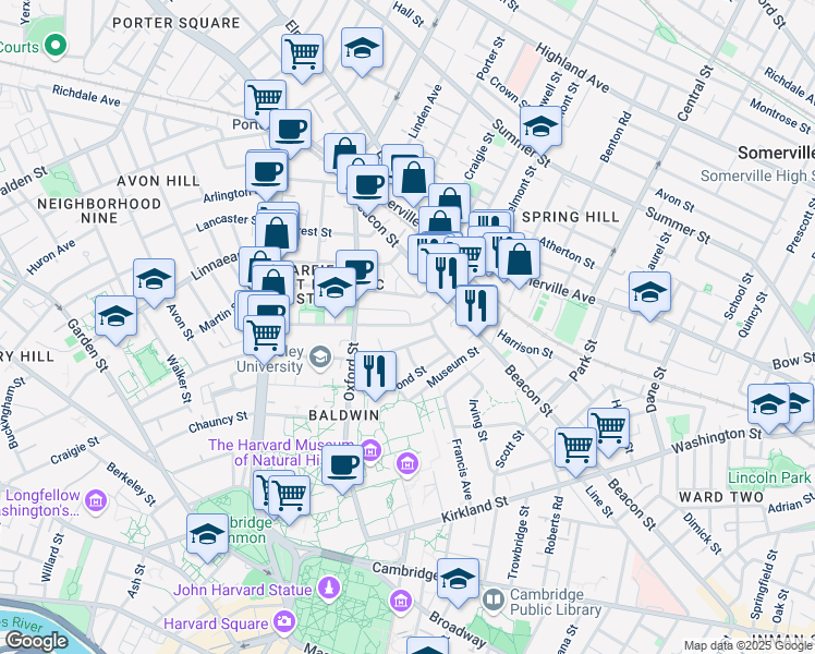 map of restaurants, bars, coffee shops, grocery stores, and more near 66 Sacramento Street in Cambridge