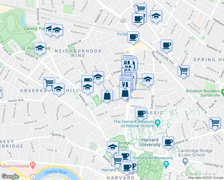 map of restaurants, bars, coffee shops, grocery stores, and more near in Cambridge