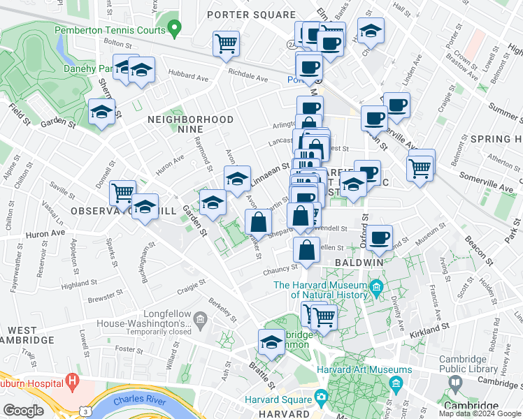map of restaurants, bars, coffee shops, grocery stores, and more near in Cambridge