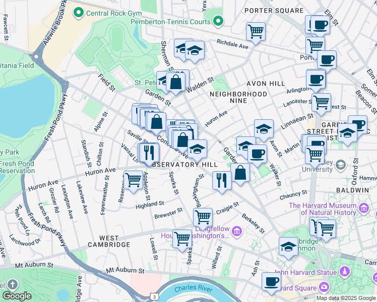 map of restaurants, bars, coffee shops, grocery stores, and more near 138-140 Huron Avenue in Cambridge