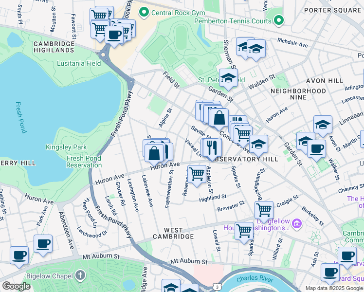 map of restaurants, bars, coffee shops, grocery stores, and more near 30 Granville Road in Cambridge