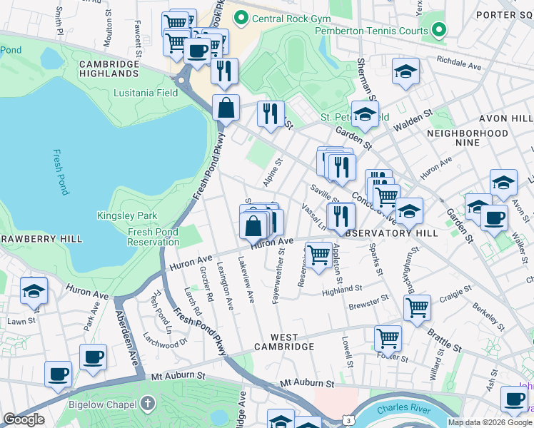 map of restaurants, bars, coffee shops, grocery stores, and more near 45 Standish Street in Cambridge
