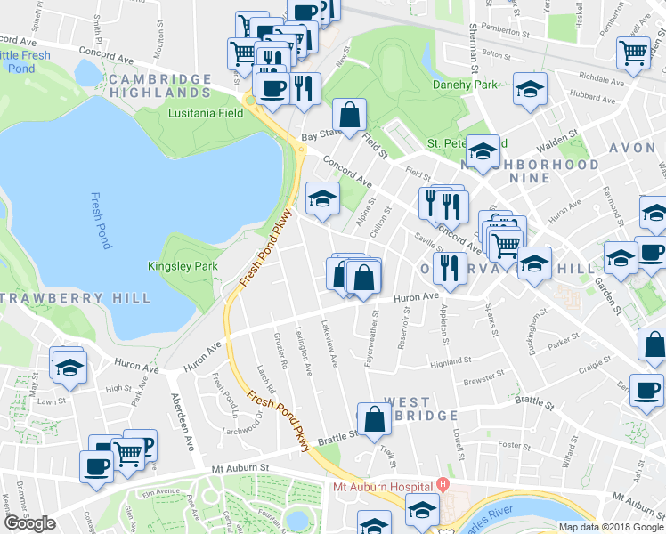 map of restaurants, bars, coffee shops, grocery stores, and more near 45 Standish Street in Cambridge