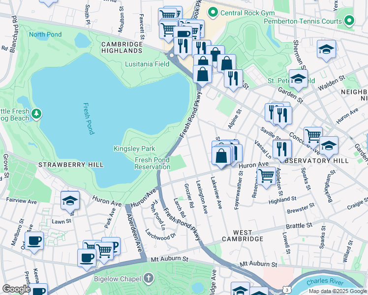 map of restaurants, bars, coffee shops, grocery stores, and more near 238 Lexington Avenue in Cambridge