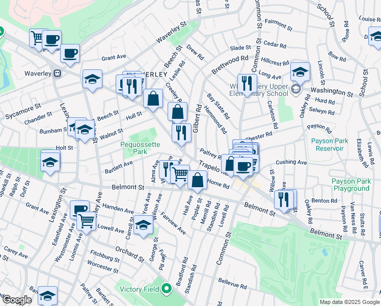 map of restaurants, bars, coffee shops, grocery stores, and more near 225 Trapelo Road in Belmont