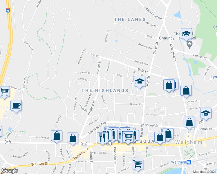 map of restaurants, bars, coffee shops, grocery stores, and more near 168 Hammond Street in Waltham