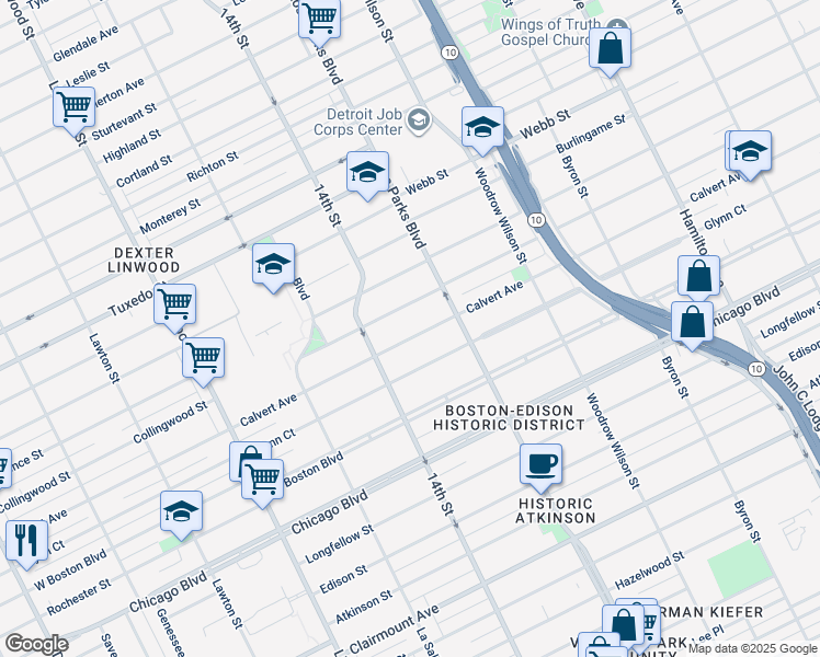 map of restaurants, bars, coffee shops, grocery stores, and more near 2012 Calvert Avenue in Detroit