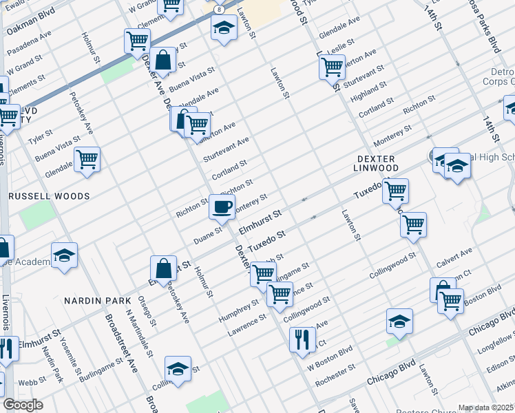 map of restaurants, bars, coffee shops, grocery stores, and more near 3307 Monterey Street in Detroit
