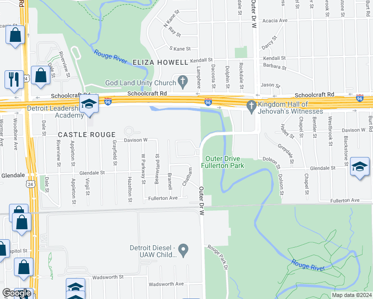 map of restaurants, bars, coffee shops, grocery stores, and more near 12870 Outer Drive West in Detroit