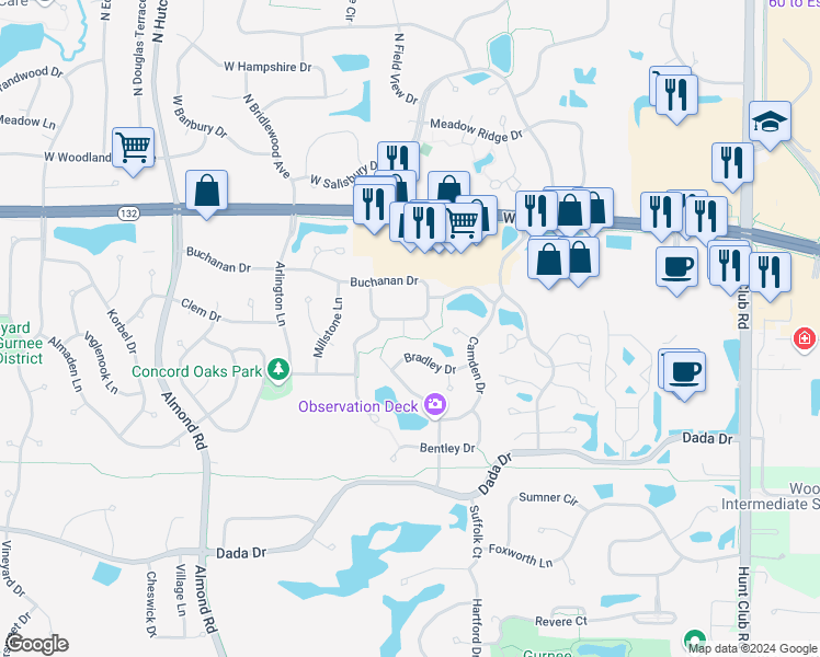 map of restaurants, bars, coffee shops, grocery stores, and more near 7061 South Stratton Lane in Gurnee