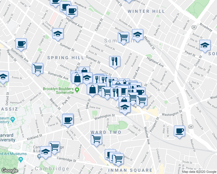 map of restaurants, bars, coffee shops, grocery stores, and more near 15 School Street in Somerville