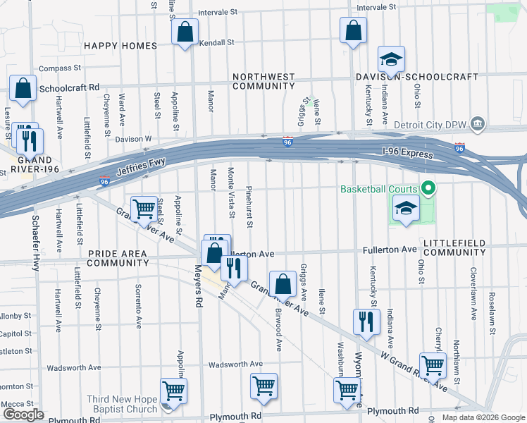 map of restaurants, bars, coffee shops, grocery stores, and more near 12731 Mendota St in Detroit