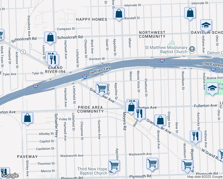 map of restaurants, bars, coffee shops, grocery stores, and more near 12858 Steel Street in Detroit