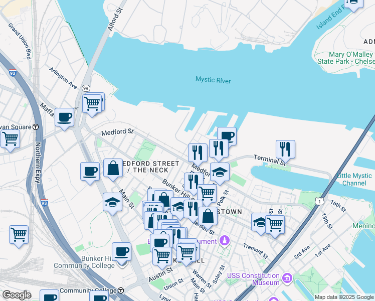 map of restaurants, bars, coffee shops, grocery stores, and more near 355 Medford Street in Boston