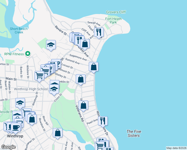 map of restaurants, bars, coffee shops, grocery stores, and more near 242 Winthrop Shore Drive in Winthrop