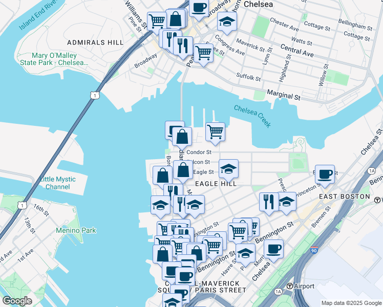 map of restaurants, bars, coffee shops, grocery stores, and more near 47 Condor Street in Boston