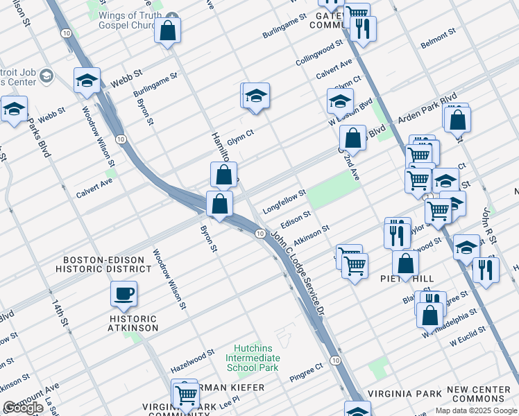 map of restaurants, bars, coffee shops, grocery stores, and more near 958 Longfellow Street in Detroit