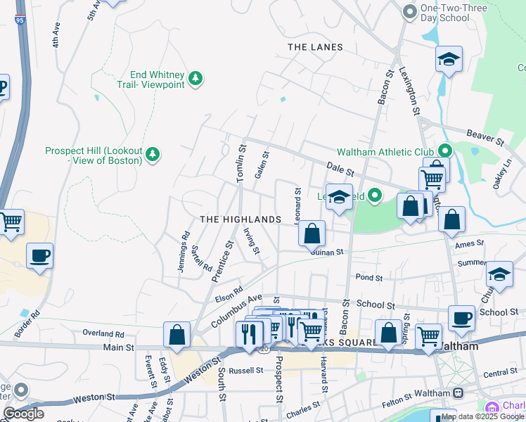 map of restaurants, bars, coffee shops, grocery stores, and more near 57 Lawrence Street in Waltham