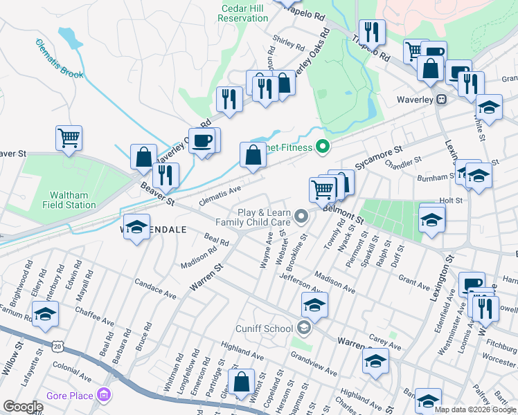 map of restaurants, bars, coffee shops, grocery stores, and more near 78 Wilbur Street in Waltham