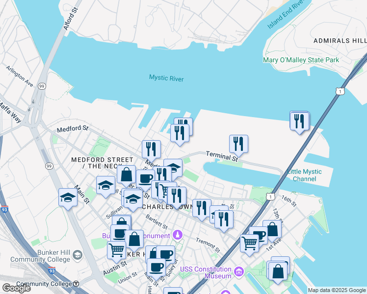 map of restaurants, bars, coffee shops, grocery stores, and more near 50 Terminal Street in Boston
