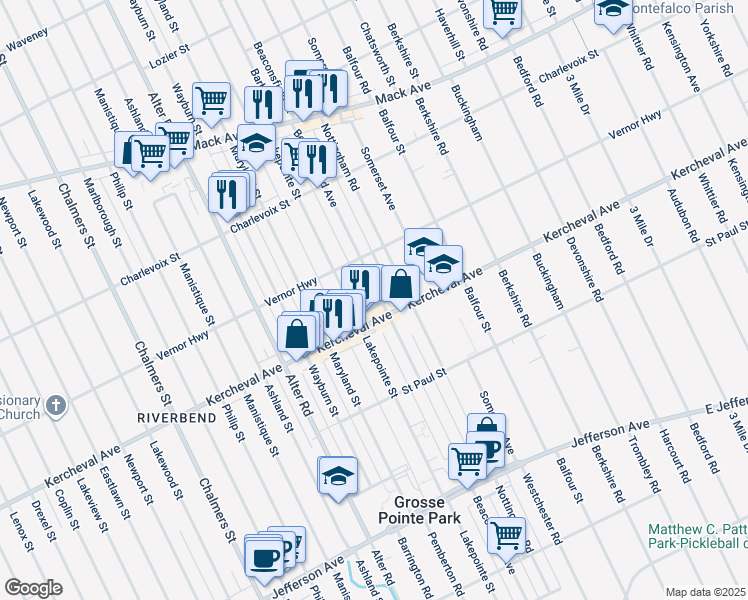 map of restaurants, bars, coffee shops, grocery stores, and more near 1219 Beaconsfield Avenue in Grosse Pointe Park
