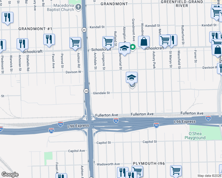 map of restaurants, bars, coffee shops, grocery stores, and more near 12825 Rutland Street in Detroit