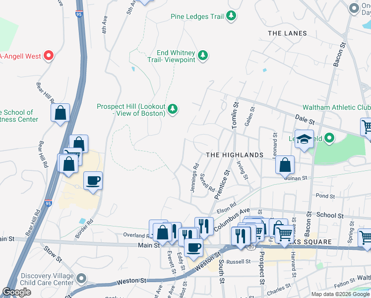 map of restaurants, bars, coffee shops, grocery stores, and more near 233 Prospect Hill Road in Waltham