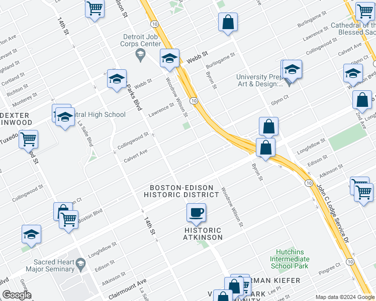 map of restaurants, bars, coffee shops, grocery stores, and more near 1659 Glynn Court in Detroit