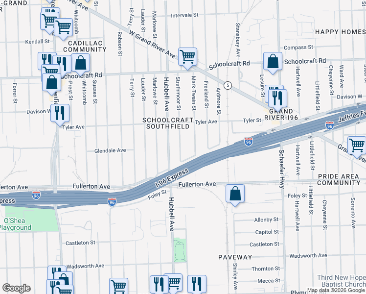 map of restaurants, bars, coffee shops, grocery stores, and more near 12770 Strathmoor Street in Detroit