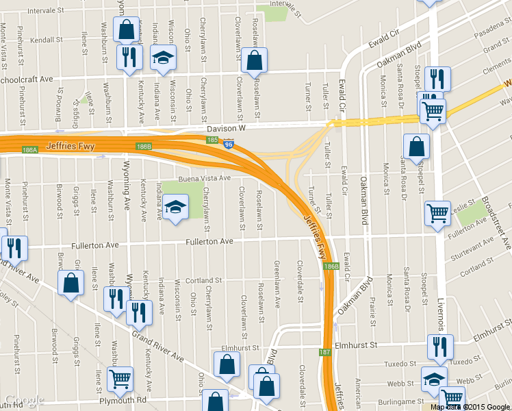 map of restaurants, bars, coffee shops, grocery stores, and more near 12709 Roselawn Street in Detroit